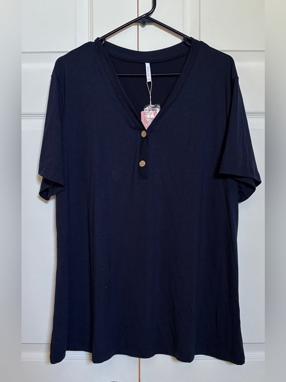 BISHUIGE Womens 2XL Navy Henley T Shirt Short Sleeve Stretch NWT